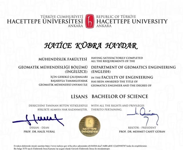 Hacettepe Üniversitesi Geomatik Mühendisliği lisans diploması