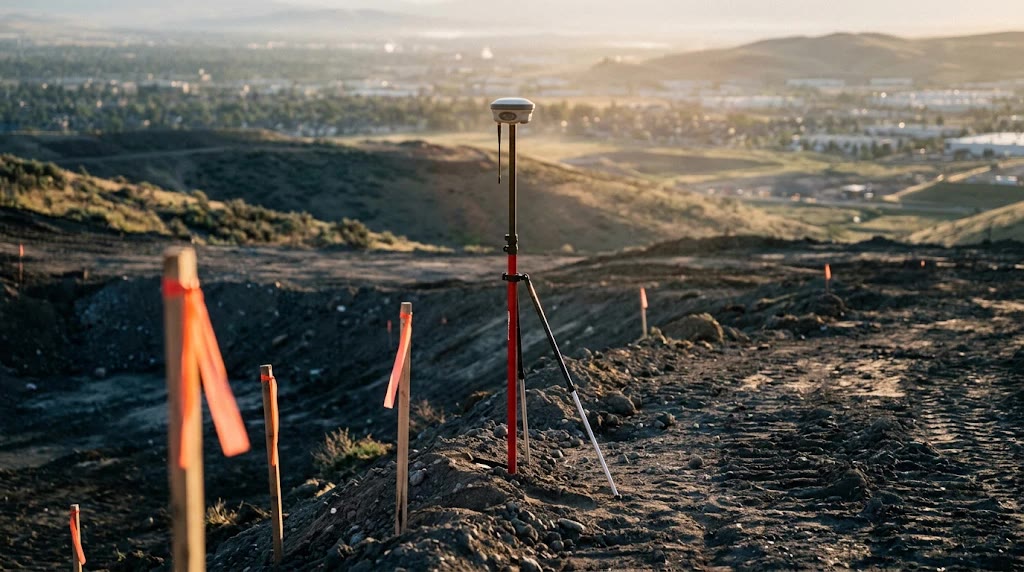 Yamaçta GNSS alıcısı ve turuncu bayraklı aplikasyon kazıkları